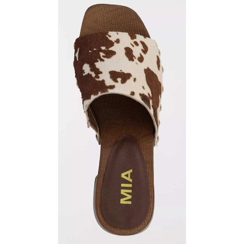 MIA Heeled Sandal Cow Print Size 9 Studded Wooden Heel Retro 70s Summer Chunky - Picture 4 of 11